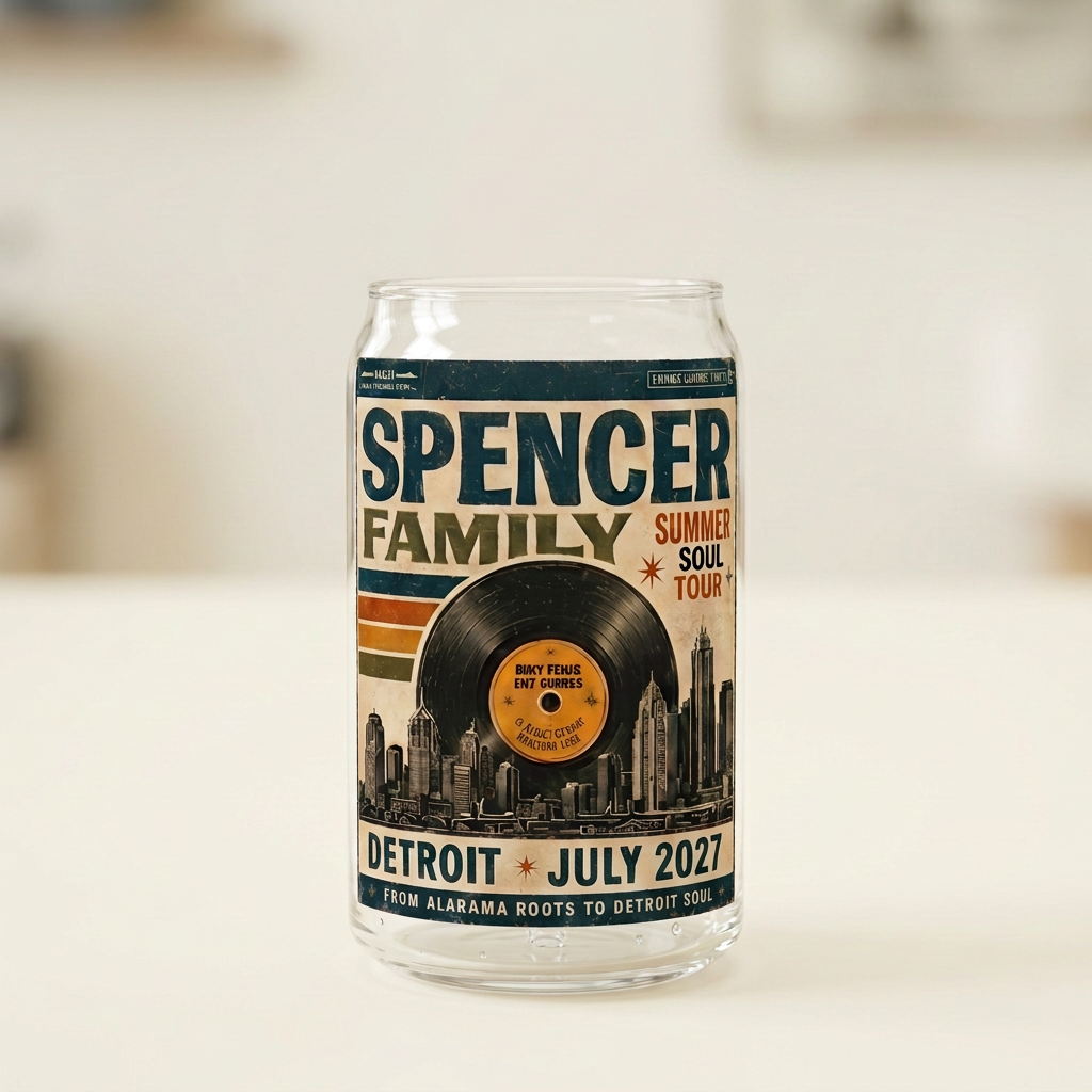 16oz can-shaped glasses with the tour artwork and One Family. One Groove.