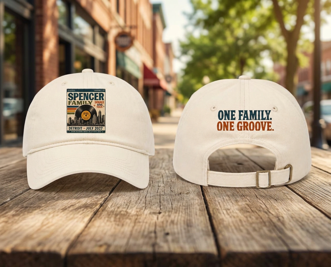 Two cream dad hats showing the tour artwork on the front and One Family. One Groove. on the back