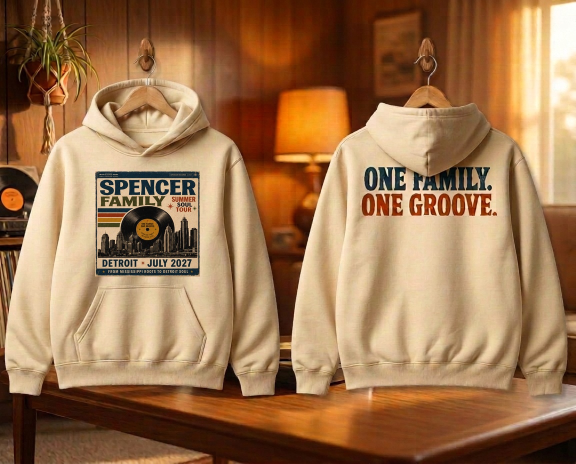 Two cream hoodies showing the album cover front and One Family. One Groove. across the back