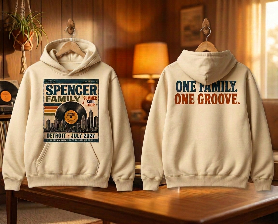 Two cream hoodies showing the album cover front and One Family. One Groove. across the back