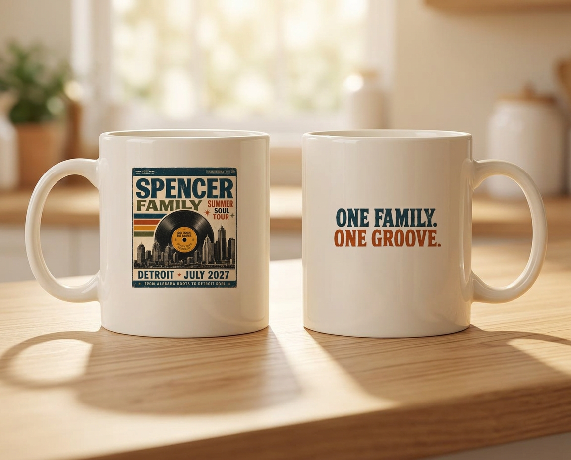 Two ceramic mugs showing the reunion album artwork and the One Family. One Groove. reverse side