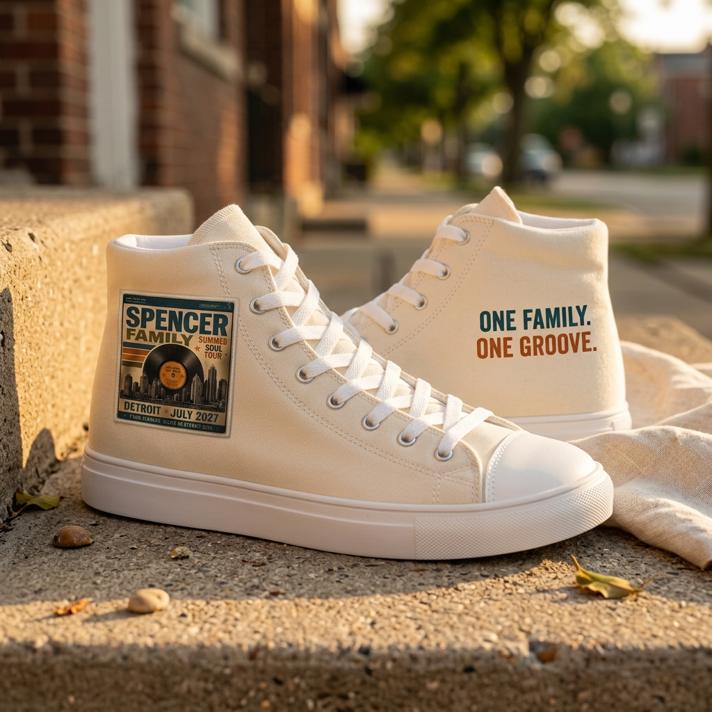 Cream high top canvas sneakers with album art on one side and One Family. One Groove. on the other