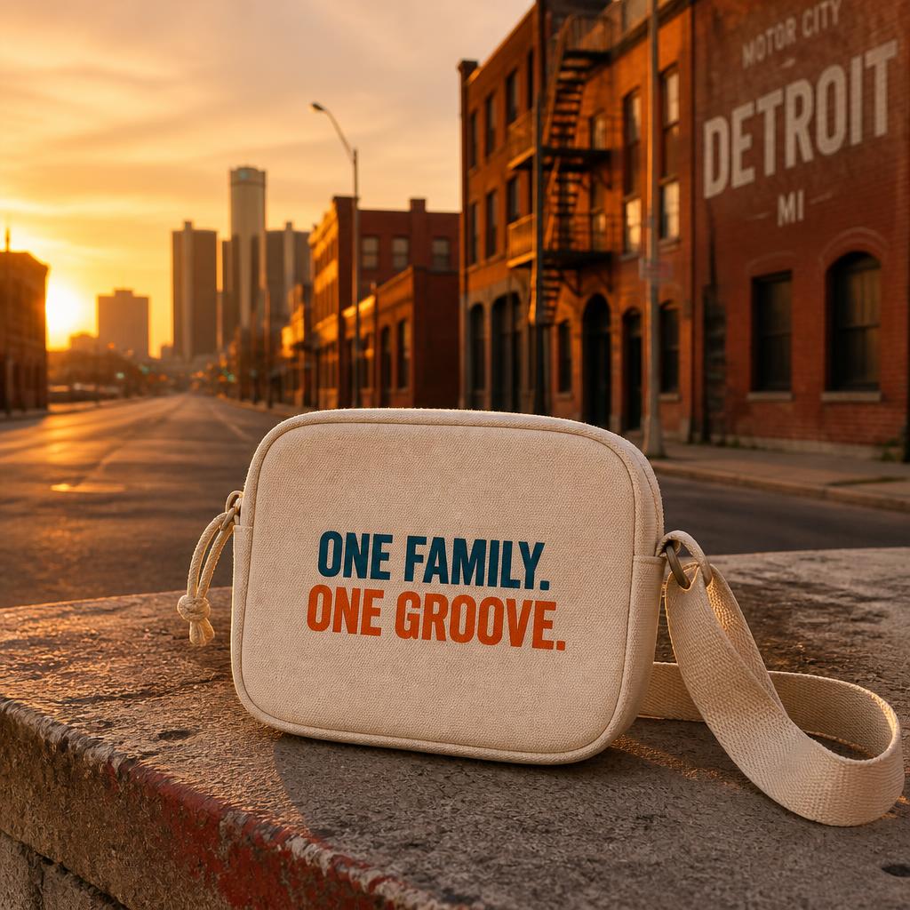Cream crossbody sling bag with the One Family. One Groove. wordmark