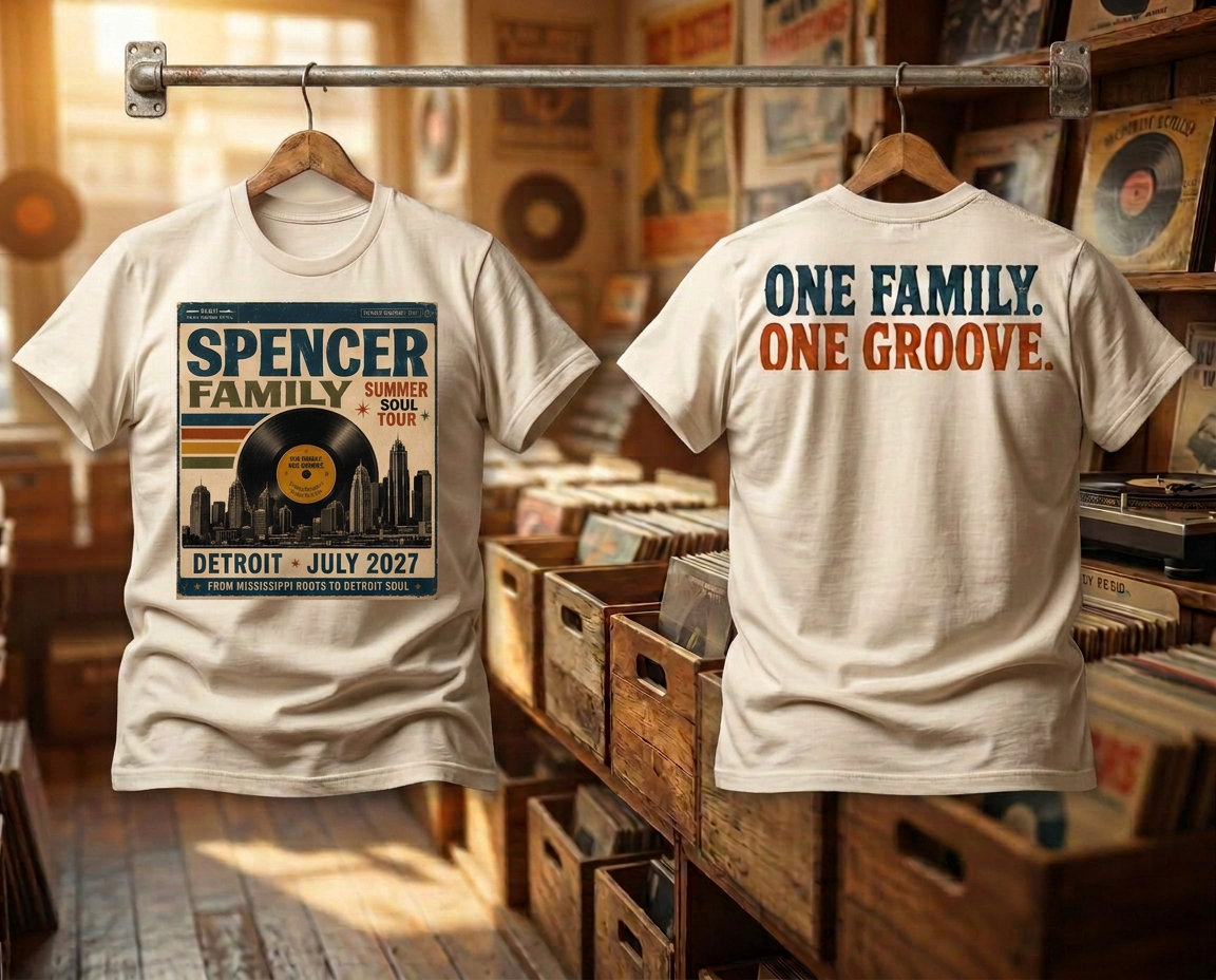 Front and back of the cream Spencer Family Summer Soul Tour tee, back reading One Family. One Groove.