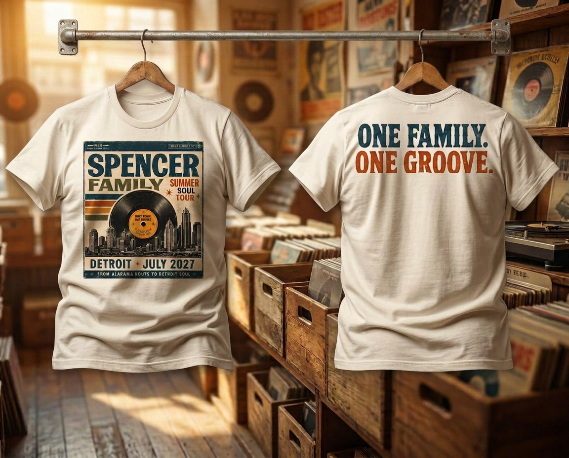 Front and back of the cream Spencer Family Summer Soul Tour tee, back reading One Family. One Groove.
