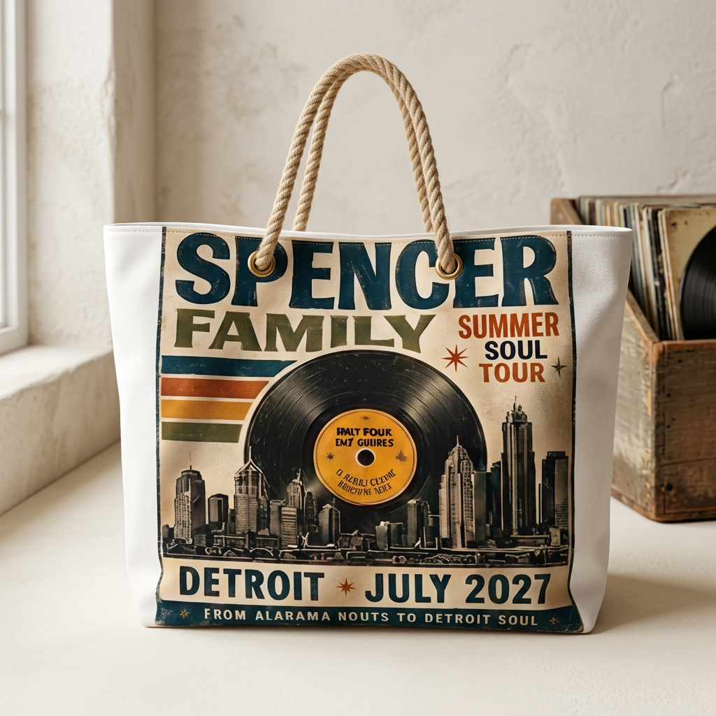 Cream canvas weekender tote with the Summer Soul Tour album artwork